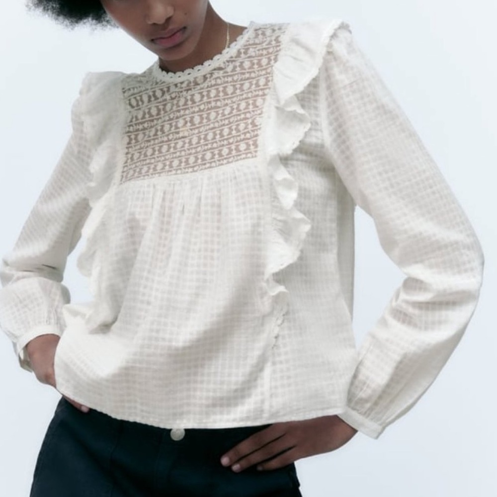 Zara Ruffled Cotton Ecru Blouse